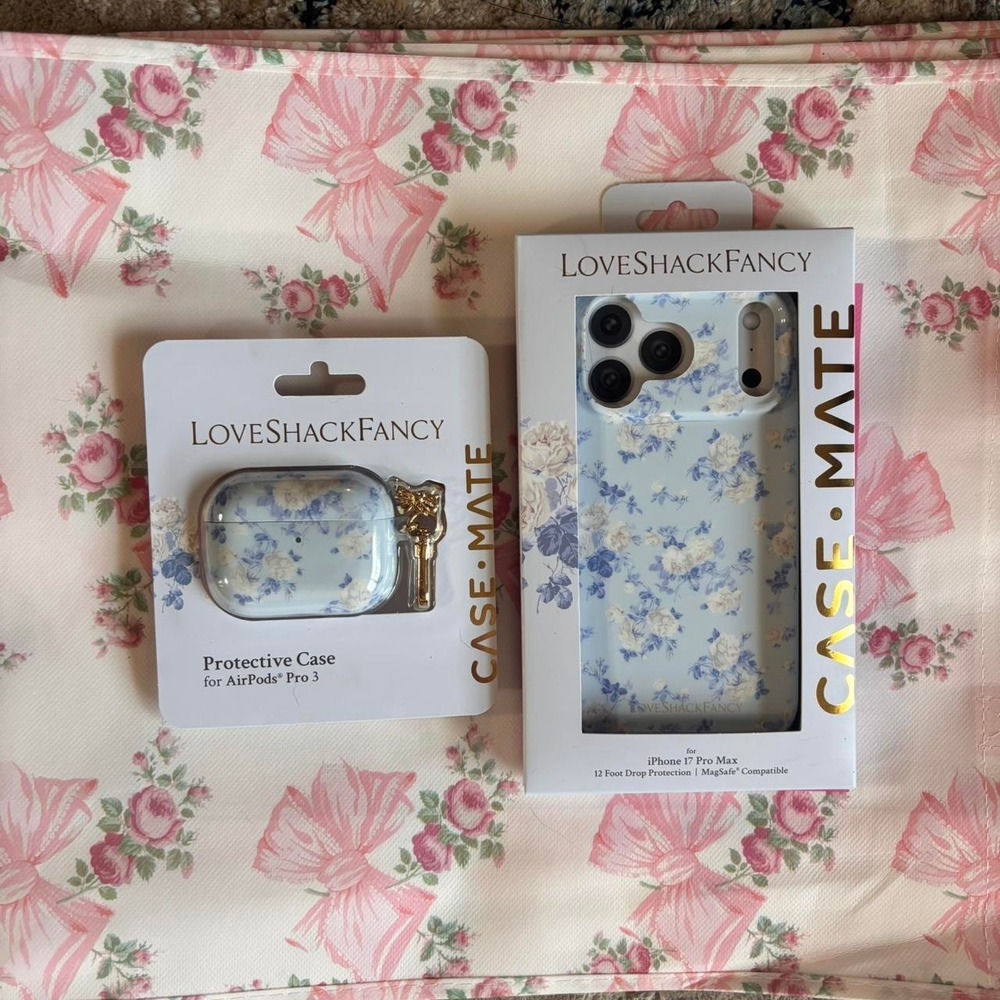 LoveShackFancy case mate iPhone 17 Pro Max and AirPods Pro 3 cases blue